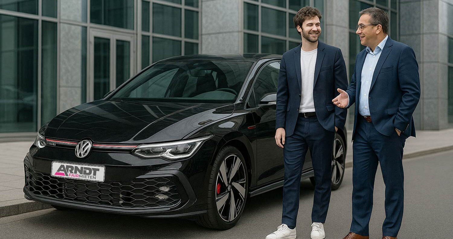B2B-Kunden neben dem Mietwagen Golf GTI von Arndt Autovermietung | Autovermietung Arndt für Firmenkunden