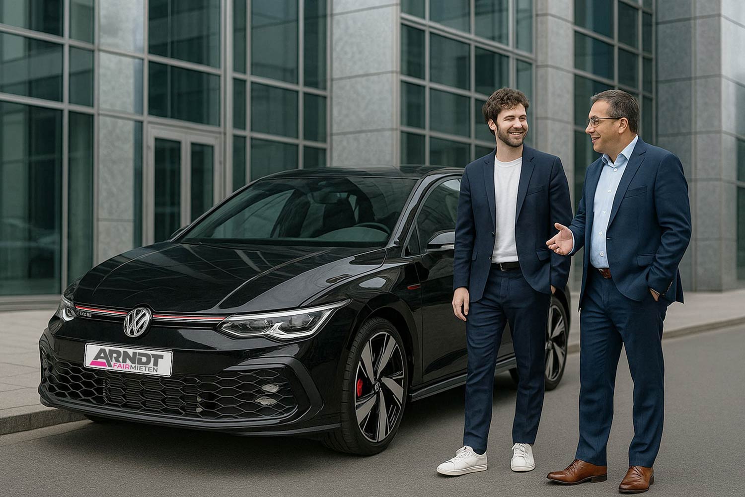 B2B-Kunden neben dem Mietwagen Golf GTI von Arndt Autovermietung | Autovermietung Arndt für Firmenkunden